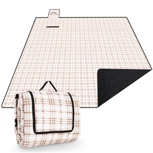 Tixexo Picknickdecke 200x200,picknickdecke wasserdicht wasserdicht Waschbar, isoliert stranddecke Sandfrei XXL,Bequeme leicht zu tragen für Outdoor, Camping, Strand (Beige Karo) von Tixexo