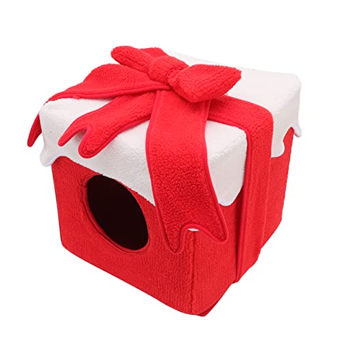 Tixiyu Weiches Kätzchenbett Gemütliche Katzenbett Weihnachtsbox -Stil für Kleine Haustiere mit Lebendigen Farben Warmes Fusselmaterial 12.4x12.4x12.4in (Rot) von Tixiyu