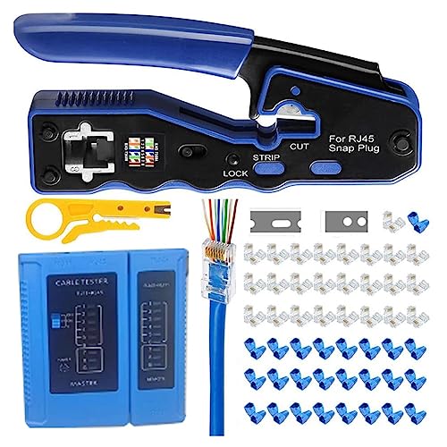 Tixqeaif RJ45-Crimpwerkzeugsatz, Durchgangs-Crimpzange, Abisolierzange, Cutter für Cat5, Cat6-Durchgangsstecker mit Kabeltester von Tixqeaif
