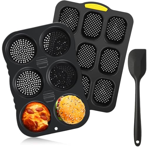 Tixqeaif Set Aus Französischer Brotform und Hamburgerbrötchenform Aus Silikon mit Antihaftbeschichtetem Spatel, Backblech für 9 Tassen und Hamburgerbrötchenform für 6 Tassen von Tixqeaif