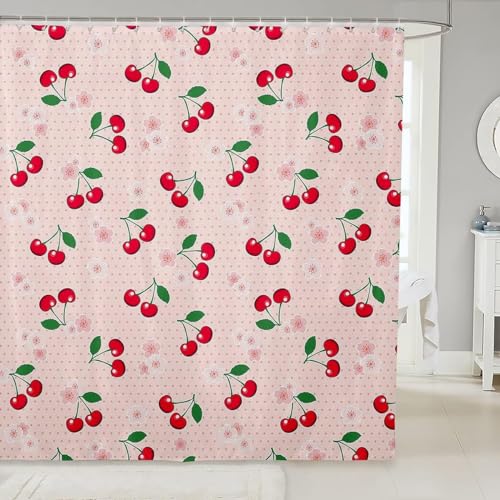 Tizhweqo Duschvorhang 180x180 Kirsche Duschvorhang Rot Badezimmer Vorhang Antischimmel Wasserdicht 3D Effekt Duschvorhänge Textil Polyester Stoff für Badewannen mit Haken B2530 von Tizhweqo