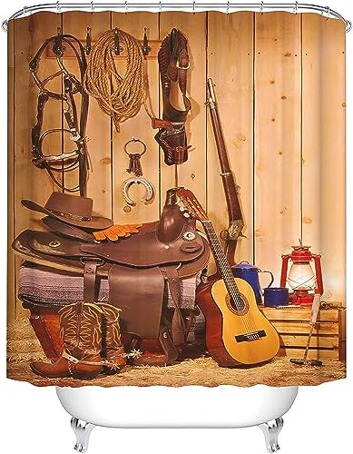 Tizhweqo Duschvorhang 180x200 Cowboy Duschvorhang Gitarre Badezimmer Vorhang Antischimmel Wasserdicht 3D Effekt Duschvorhänge Textil Polyester Stoff für Badewannen mit Haken von Tizhweqo