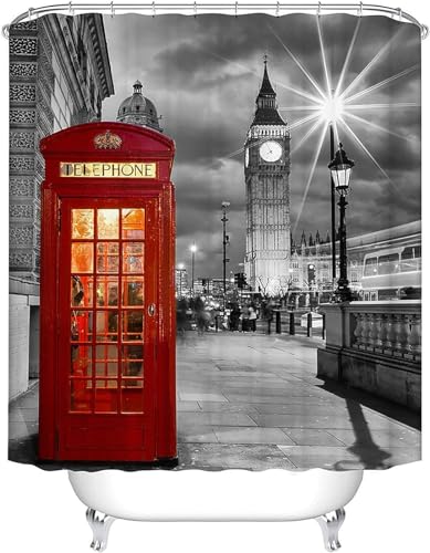 Tizhweqo Duschvorhang 180x200 London, England Duschvorhang Rote Telefonzelle Badezimmer Vorhang Antischimmel Wasserdicht 3D Effekt Duschvorhänge Textil Polyester Stoff für Badewannen mit Haken von Tizhweqo