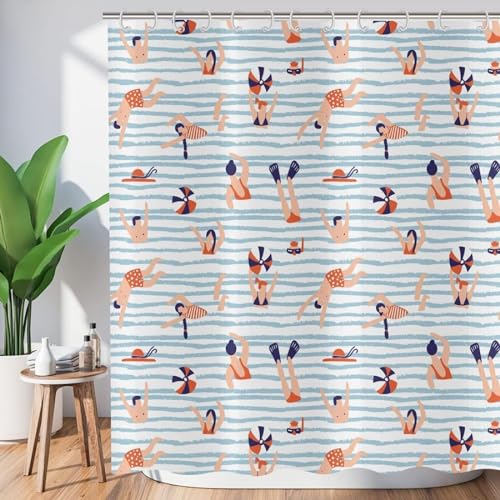 Tizhweqo Duschvorhang 180x200 Schwimmen Duschvorhang Schwimmen Badezimmer Vorhang Antischimmel Wasserdicht 3D Effekt Duschvorhänge Textil Polyester Stoff für Badewannen mit Haken A543 von Tizhweqo