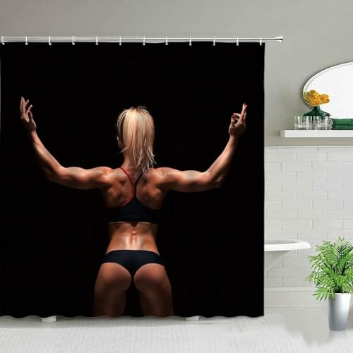 Tizhweqo Duschvorhang 200x200 Fitness Duschvorhang Sexy Frau Badezimmer Vorhang Antischimmel Wasserdicht 3D Effekt Duschvorhänge Textil Polyester Stoff für Badewannen mit Haken von Tizhweqo
