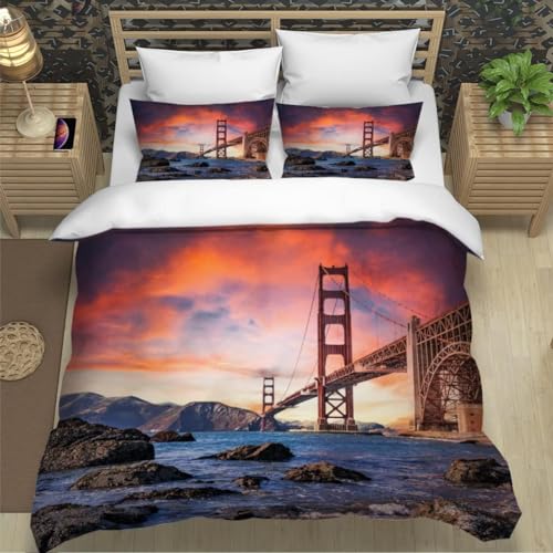 Tizhweqo Golden Gate Bridge Bettwäsche 200x200 Naturlandschaft Bettwäsche Set Weiche Mikrofaser 3D Druck Usa Bettbezug Set mit Reißverschluss Bettbezüge und 2 Kissenbezug 80x80 cm C8379 von Tizhweqo