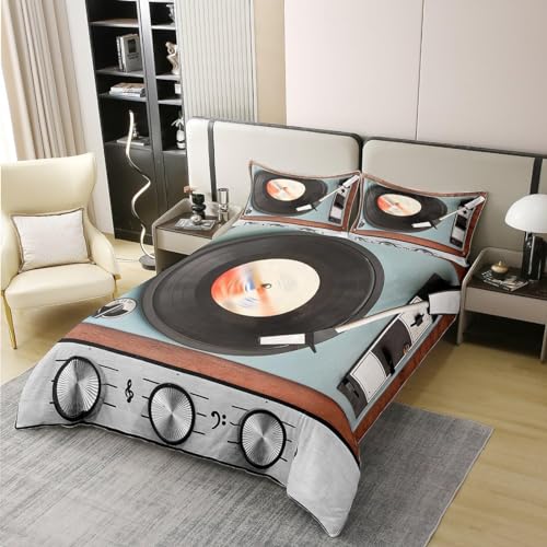 Tizhweqo Grammophon Bettwäsche 155x220 Musik Bettwäsche Set Weiche Mikrofaser 3D Druck Grammophon Bettbezug Set mit Reißverschluss Bettbezüge und 2 Kissenbezug 80x80 cm C7352 von Tizhweqo