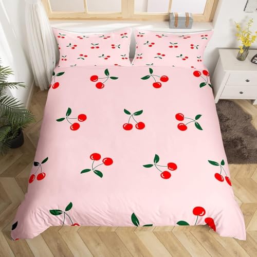 Tizhweqo Kirsche Bettwäsche 155x220 rosa Muster Bettwäsche Set Weiche Mikrofaser 3D Druck Kirsche Bettbezug Set mit Reißverschluss Bettbezüge und 2 Kissenbezug 80x80 cm q2702 von Tizhweqo