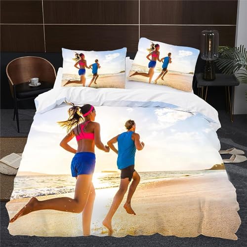 Tizhweqo Läuft Bettwäsche 135x200 Fitness Bettwäsche Set Weiche Mikrofaser 3D Druck Strand Bettbezug Set mit Reißverschluss Bettbezüge und 2 Kissenbezug 80x80 cm B2683 von Tizhweqo