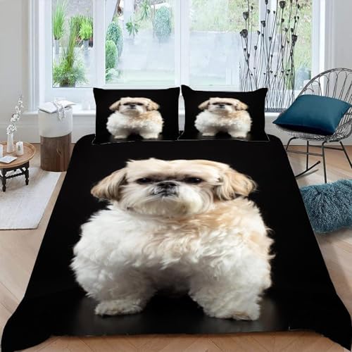 Tizhweqo Shih Tzu Bettwäsche 135x200 Tierhund Bettwäsche Set Weiche Mikrofaser 3D Druck Weiß Bettbezug Set mit Reißverschluss Bettbezüge und 2 Kissenbezug 80x80 cm A7705 von Tizhweqo