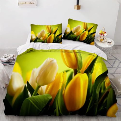 Tizhweqo Tulpe Bettwäsche 135x200 Gelbe Blumen Bettwäsche Set Weiche Mikrofaser 3D Druck Gelb Bettbezug Set mit Reißverschluss Bettbezüge und 2 Kissenbezug 80x80 cm C91 von Tizhweqo