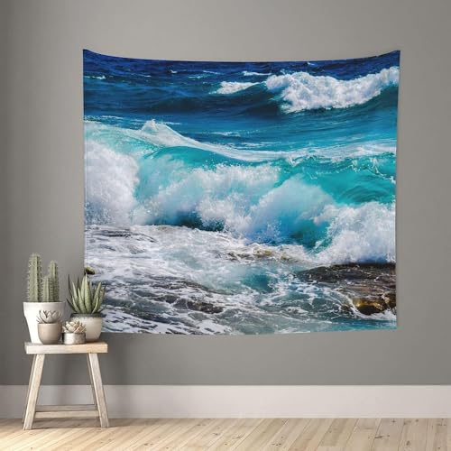 Tizhweqo Wandteppich 3D Wellen, Wandbehang Blaues Meer, Wandtuch Wellen Tapisserie Tapestry für Schlafzimmer Wohnzimmer Wohnheim Deko 200x200 cm GT2267 von Tizhweqo