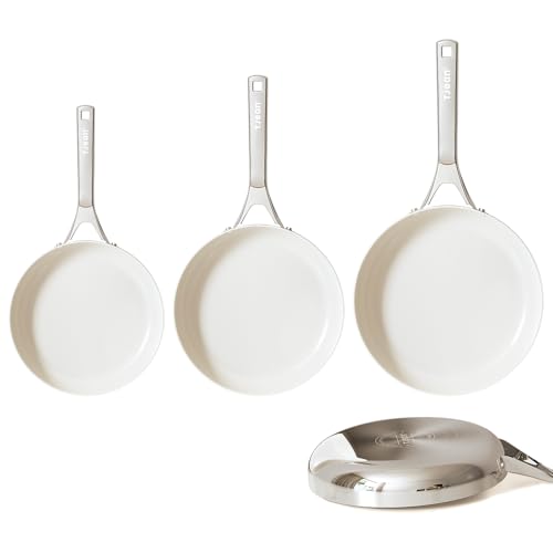Tjean Antihaft-Keramik-Bratpfannen-Set (kein PFTE, PFOA, PFAS), ungiftiges Kochgeschirr-Set mit Edelstahlgriff, kompatibel mit Induktions-, Gas-, Elektro-, Keramikkochfeld, Backofen (Cremeweiß, 20 + von Tjean