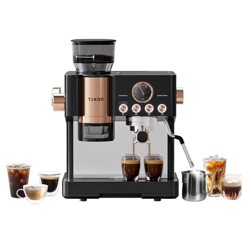 Tjean Barista Senso Doppelboiler Siebträgermaschine mit Mahlwerk und Manuellem Milchschäumer,3-in-1 Dampf-Espressomaschinen,20 Bar ital. Drucksystem,2,8L Wassertank,15 Mahlgradeinstellungen,2300W von Tjean