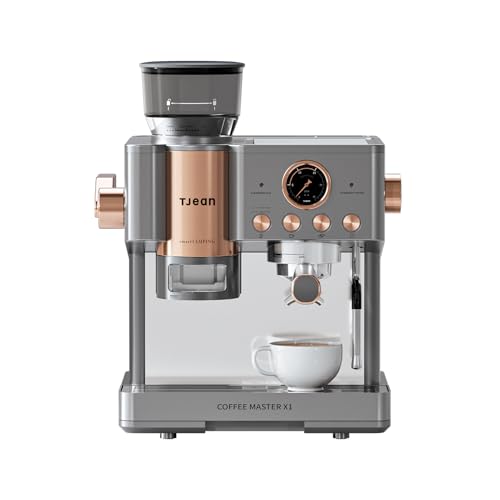 Tjean Barista Senso Doppelboiler Siebträgermaschine mit Mahlwerk und Manuellem Milchschäumer,3-in-1 Dampf-Espressomaschinen,20 Bar ital. Drucksystem,2,8L Wassertank (Grau-Gold) von Tjean