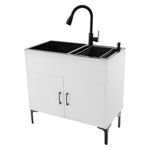 Freistehende Küchenspüle, Wäschespüle mit Unterschrank & Ausziehbarem Wasserhahn & Seifenspender, 2 Becken Spüle, Edelstahlspüle Spültisch für Küchen Restaurants Cafés Waschküchen (Weiß) von TkkMivcOC
