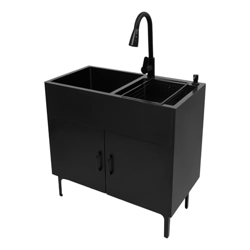 Freistehende Küchenspüle, Wäschespüle mit Unterschrank & Ausziehbarem Wasserhahn & Seifenspender, 2 Becken Spüle, Edelstahlspüle Spültisch für Küchen Restaurants Cafés Waschküchen (Schwarz) von TkkMivcOC
