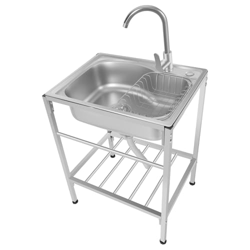 Edelstahl Werkbank Spülbecken, TkkMivcOC Freistehende Einzelbecken-Spüle mit Warm Kalt Wasserhahn & Korb, Mobile Spüle Edelstahl Küchenspüle, Multifunktions Waschtisch für Küchen Waschküchen von TkkMivcOC