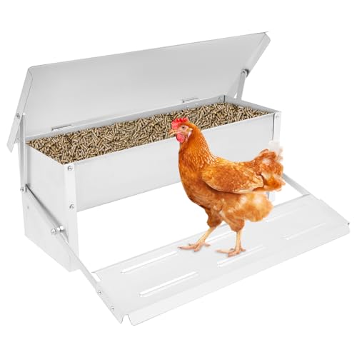 Futterautomat Hühner, 8.2L 5KG Futterspender Hühnerfutterautomat Futtertrog mit Deckel, Großes Hühnerfutter Automat mit Automatisches Pedal, für Hühner Enten Gänse, Silber von TkkMivcOC