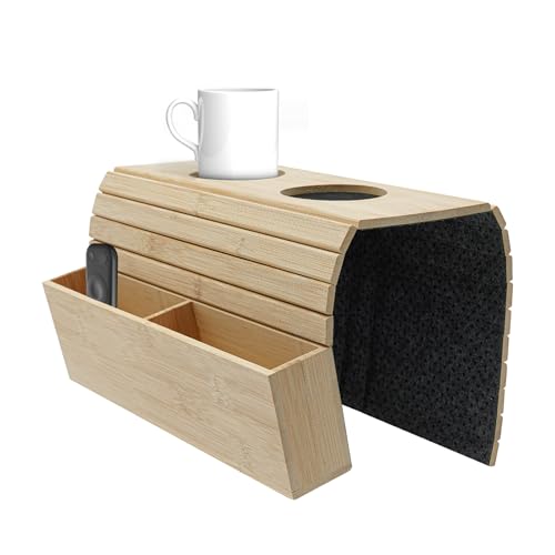 TkkMivcOC Bambus Sofatablett Armlehne, Sofa Armlehne Tablett Tisch, Rutschfester Boden & Platzsparend, Folding Armlehnen Organizer mit 2 Becherhalter, für Stühle und Sofas, Log Farbe von TkkMivcOC