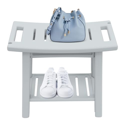 TkkMivcOC Duschhocker, 2-Tier Badezimmerhocker mit Duschstriche und Handtücherhalter, Moderne Sitzhocker für Badezimmer Wohnzimmer Eingänge Schlafzimmer, 70kg Tragkraft, 56 x 32 x 46cm (Grau) von TkkMivcOC