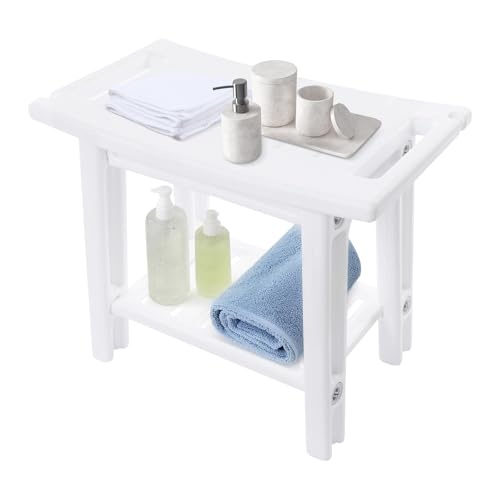 TkkMivcOC Duschhocker, 2-Tier Badezimmerhocker mit Duschstriche und Handtücherhalter, Moderne Sitzhocker für Badezimmer Wohnzimmer Eingänge Schlafzimmer, 70kg Tragkraft, 56 x 32 x 46cm (Weiß) von TkkMivcOC