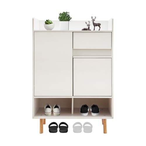 TkkMivcOC Schuhschrank, Schuhregal mit 6 Ablagen 1 Schublade 2 Klappen und Lüftungsloch, Schuhaufbewahrung für Schuhe High Heels Turnschuhen Eingangsbereich, 60 x 32 x 90cm, Weiss (Warmweiß) von TkkMivcOC