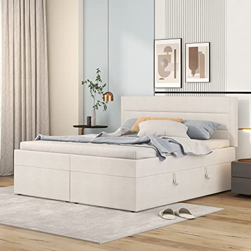 Tkopy Boxspringbett 140x200 mit Bettkasten, Doppelbett Polsterbett mit Lattenrost, Bett, Betten, Bettgestell mit Stauraum, Schlafzimmer Komplett, Stauraumbett (Beige, Doppelbett 140x200) Ohne Matratze von Tkopy