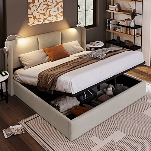 Tkopy Polsterbett 140x200, Doppelbett mit Stauraum, Leselicht mit USB-Ladefunktion Kopfteil, Bett mit Lattenrost und Bettkasten, Stauraumbett Rückenlehne Bett, Leinen, Beige (ohne Matratze) von Tkopy