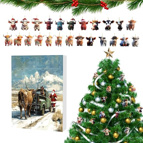 Tktouci Hochlandrind Adventskalender,24-Tägiger Weihnachts Kuh Schmuck Countdown Kalender - 2D Acryl Tieranhänger Für Kinder Und Erwachsene Als Partygeschenk Baumdekoration Auto Rückspiegel von Tktouci