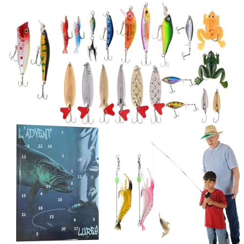 Tktouci Weihnachts Countdown Kalender, 24 Tage Adventskalender Weihnachtsfischen Köder Kalender, Hartköder Weichköder Angelzubehör für Stausee Fluss Teich See Outdooraktivität Tktouci Weihnachts Countdown Kalender, 24 Tage Adventskalender Weihnachtsfischen Köder Kalender, Hartköder Weichköder Angelzubehör für Stausee Fluss Teich See Outdooraktivität von Tktouci