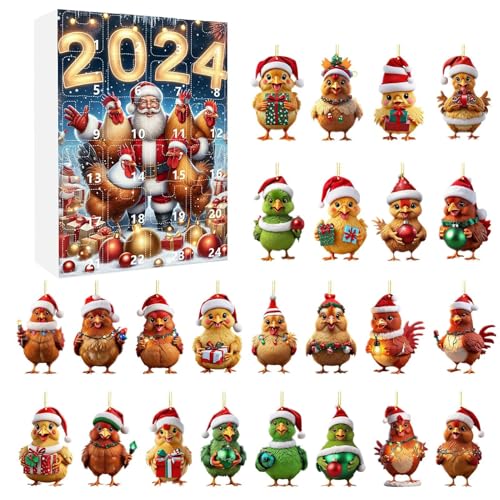 Tktouci Weihnachtskalender Huhn, Hühner Hängeleiter 24 Tage Countdown Kalender, 2D Acrylic Flachanhänger Huhn Charm Für Christbaumschmuck Wanddekoration Auto-Innenspiegel Urlaubsdekoration von Tktouci