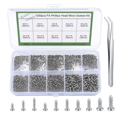 Tkxjry 1200 Stücke Kleine Selbstschneidende Schrauben, M1/M1.2/M1.4/M1.7 Mini Selbstschneidende Schrauben Set, Selbstschneidende Schraubenset, Kleine Schrauben, Für Uhren, Telefone, Kameras, Laptop von Tkxjry