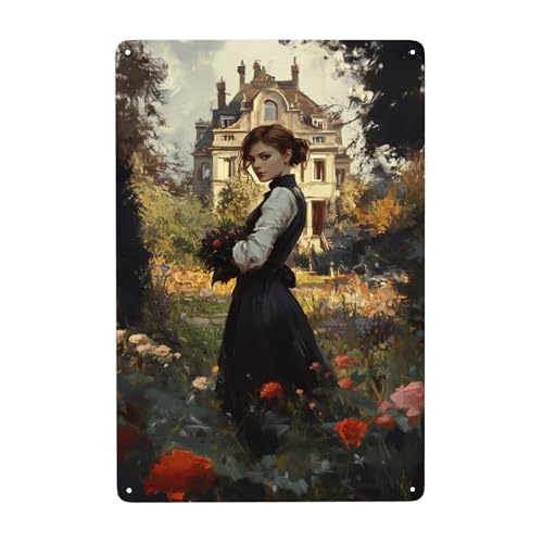 Blechschild Garten Deko, 20x30cm Metallschild Metall Poster, Blechschilder Voller Künstlerischer, Eine Frau Im Garten Vor Dem Herrenhaus, Gartengeschenkidee Blechschild Garten Deko, 20x30cm Metallschild Metall Poster, Blechschilder Voller Künstlerischer, Eine Frau Im Garten Vor Dem Herrenhaus, Gartengeschenkidee von TlevadArt