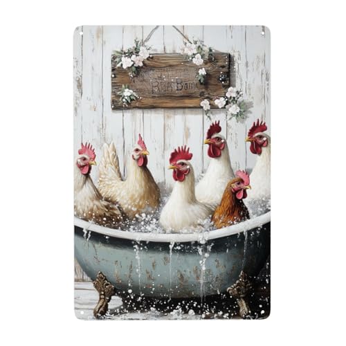 Blechschild Hühnerstall, Metallschild Personalisiert Hühner, Lustige Szene Einer Gruppe Hühner, Die In Der Badewanne „Baden“, Hühnerliebhaber Geschenke Schild Aus Metall, 20x30cm von TlevadArt