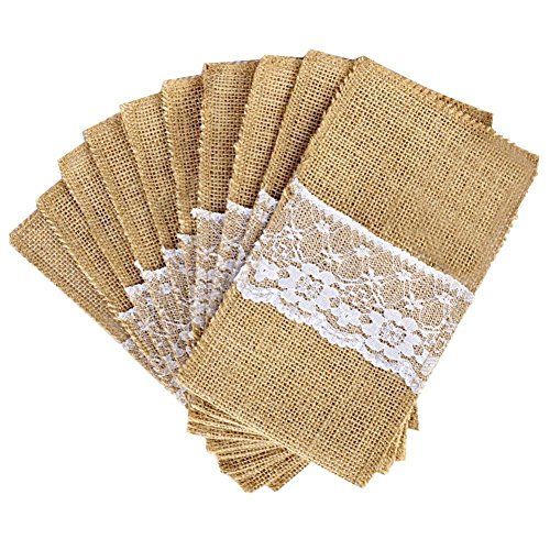 Tmand natürliche Jute-Bestecktaschen für Messer und Gabeln, Besteckset-Tasche aus Jute und Spitze, für Partys, Hochzeit, Dekoration, 21 x 11 cm, 50 Stück von Tmand