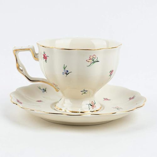 Tmore Porzellan-Teetasse und Untertassen-Set, Vintage-Kaffeetasse, Morgenteetasse mit Goldrand, elegante britische Teetassen, 220 ml Kaffeetasse + Untertasse + Teelöffel (Blume) von Tmore