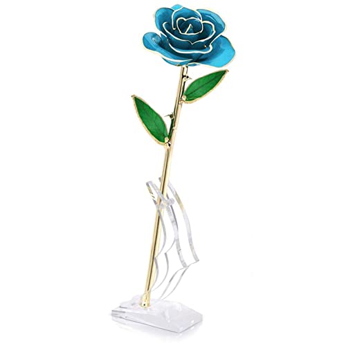 Tnfeeon 24 Karat Gold Rose Blume mit Ständer Langer Stiel Gerader Griff für Ornament Handgefertigt Handwerk Muttertag Mädchen Geburtstag Hellblaue Rose mit Ständer von Tnfeeon