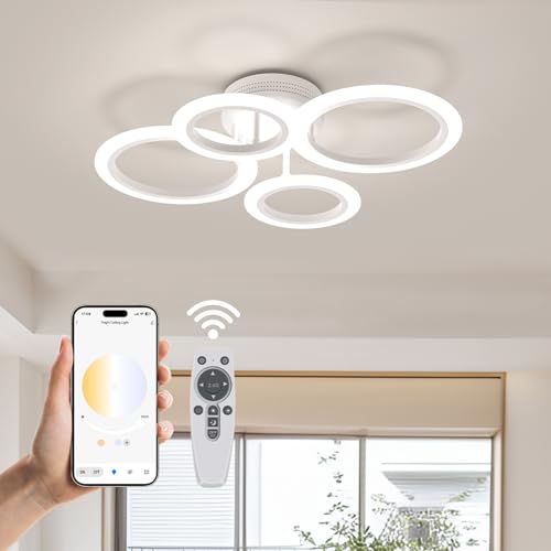 Tnight Deckenleuchte Wohnzimmer, Moderne LED Deckenleuchte Dimmbar mit Fernbedienung Smart App Farbwechsel 2700K-7000K Helligkeit einstellbar mit Memory Funktion fur Schlafzimmer Küche von Tnight