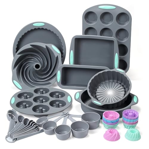 To encounter 49 Pieces Silicone Bakeware Set, BPA Free Silicone Baking Pans, Nonstick Silicone Baking Molds for Cake, Bread and Muffin, with Measuring Cups and Spoons Set, Light Grey von To encounter