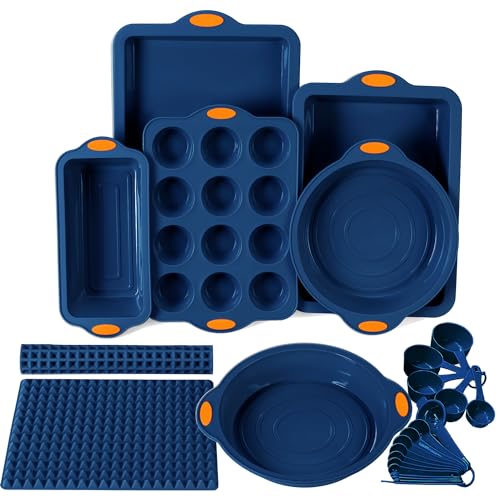 To encounter 8 in 1 Silikon Backset - 6 Silikonformen - 2 Silikon Backmatten, Antihaft-Backblech, Kuchen Muffin Backform mit Metallverstärktem Rahmen für Mehr Stabilität, Marineblau von To encounter