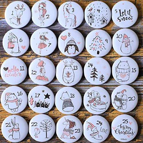 ToBeIT Adventskalender Zahlen Buttons Nummer 1-25 zum Weihnachtskalender selber basteln für Jutesäckchen, Anstecker Nadeln (pink) von ToBeIT