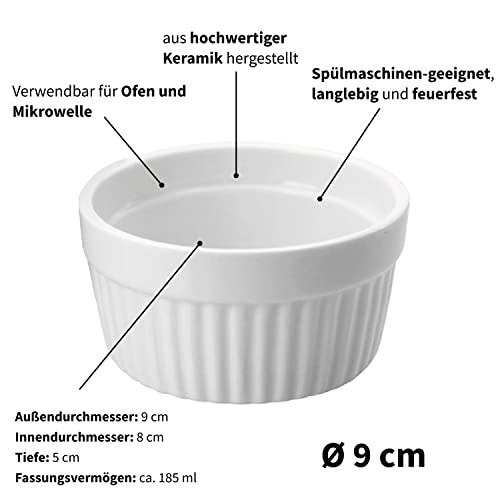 ToCi 6 x Soufflé Förmchen Ø 9 cm - Creme Brulee Schälchen | Ofenfeste Keramik Förmchen je 185 ml | Dessertschale Pastetenförmchen für Ragout Fin Schoko-Souffle von ToCi