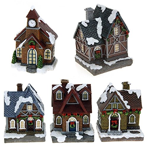 ToCi Beleuchtetes Weihnachtsdorf mit 5 Weihnachtshäuser | LED Beleuchtung Fensterbeleuchtung Weihnachten mit Batterie (Weiße LEDs - Blinkend) von ToCi