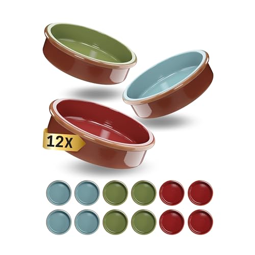 ToCi 12 x Tapas-Schalen Bunt Ø 11,5 cm – Spanische Cazuela Schälchen aus Ton 175 ml - Kleine Auflaufformen & Dessertschalen für Tapas, Fingerfood, Crème Brûlée & Ofengerichte von ToCi