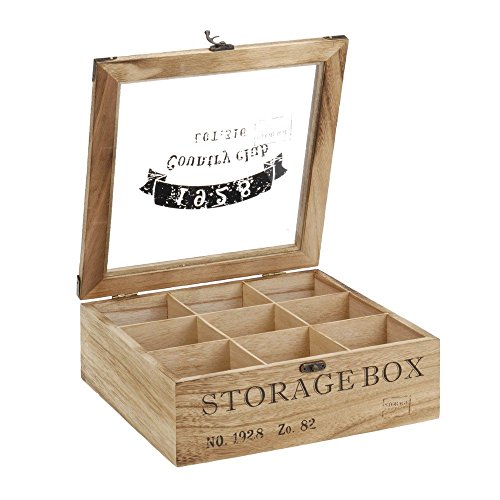 ToCi Teebox Holz Natur mit 9 Fächern | Quadratische Teekiste Teedose Teebeutel Box Aufbewahrung | 24 x 24 x 8,5 cm (LxBxH) | Storage Box im Retro Look von ToCi