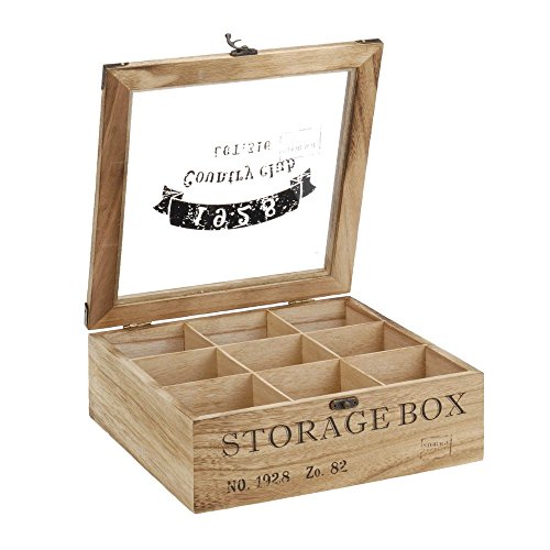 ToCi Teebox Holz Natur mit 9 Fächern – Rechteckige Teekiste mit Sichtfenster im Vintage-Look - Teedose zur Aufbewahrung von Teebeuteln, Gewürzen & Kleinteilen | 24 x 24 x 8,5 cm von ToCi