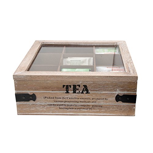 ToCi Teebox Tea | Große Teedose 24 x 24 x 8,5 cm (LxBxH) | Teekiste mit 9 Fächern | Teebeutelbox aus Holz mit Deckel im Vintage Look von ToCi