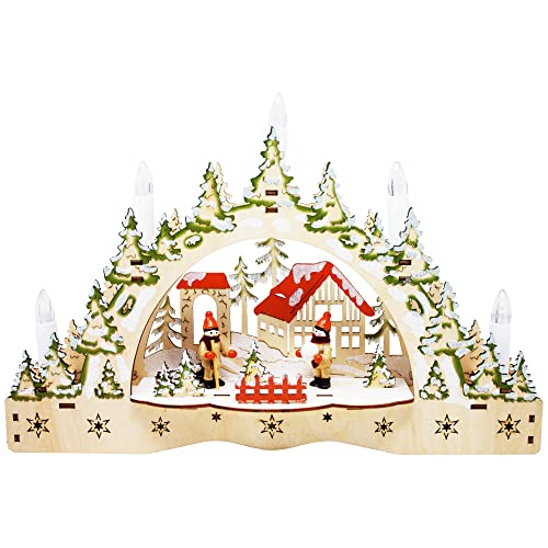 ToCi LED-Kerzenbogen mit Schneeballschlacht-Motiv – Schwibbogen aus Holz mit 5 LED-Kerzen - Handbemalter Lichterbogen für Fensterdeko & Tisch - Batteriebetriebene Weihnachtsbeleuchtung für Innen von ToCi
