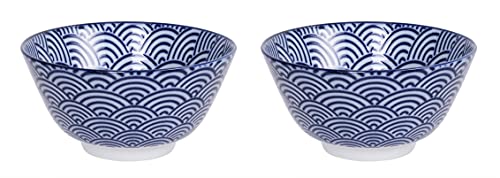 Nippon blue - Nudel Ramen Bowl / Müsli-Schalen blau-weiß, Ø 12 cm, ca. 300 ml, asiatisches Porzellan - Japanisches Design mit geometrischen Mustern (Waves-2er-Set) von ToKYO Design